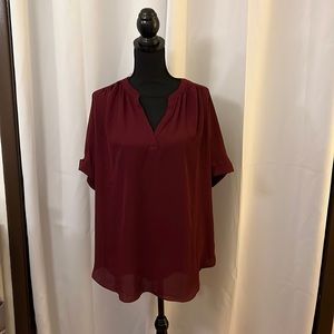Burgundy short-sleeve tunic length blouse